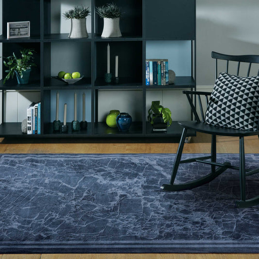 Zehraya Marble Border Rugs in ZE02 Ink Blue
