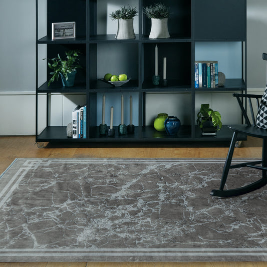 Zehraya Marble Border Rugs in ZE04 Silver Grey