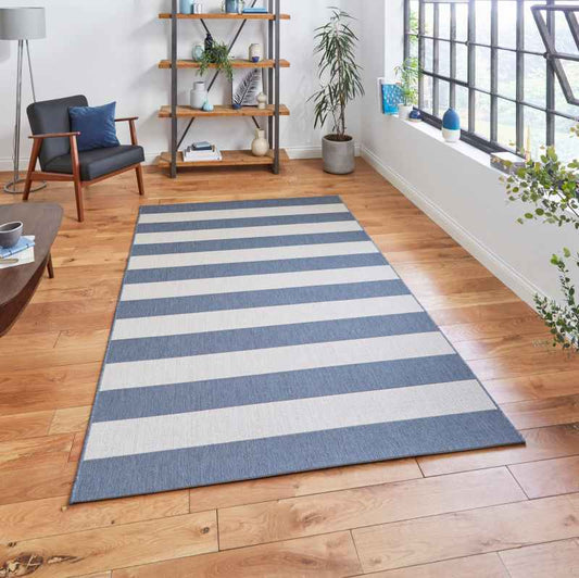 Santa Monica 48644 Indoor Outdoor Stripe Rug in Blue Light Beige