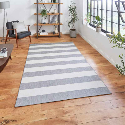 Santa Monica 48644 Indoor Outdoor Stripe Rug in Grey Light Beige