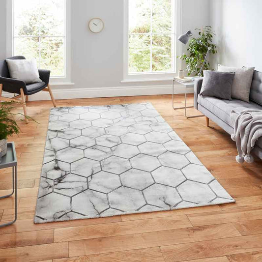 Craft NG719 Marble Effect Honeycomb Rugs in Grey Silver
