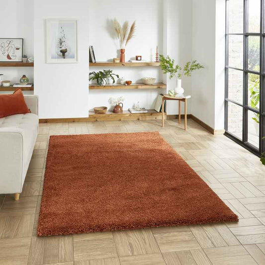 Sierra 9000 Plain Shaggy Modern Rugs in Terracotta Orange
