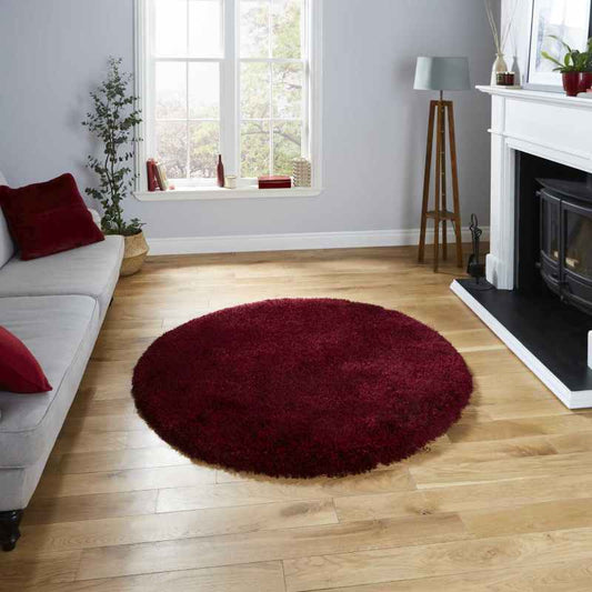 Montana Shaggy Round Circle Rugs in Dark Red