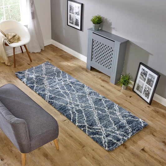 Alto Moroccan Boho Scandi Runner Rugs in AL01 Blue Cream