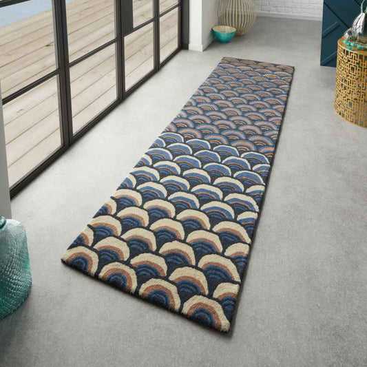 Masquerade Geometric Scale Wool Runner Rugs 16008 by Ted Baker in Blue