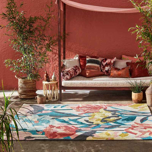 Verdaccio Outdoor Floral Rugs 442802 in Coral by Harlequin
