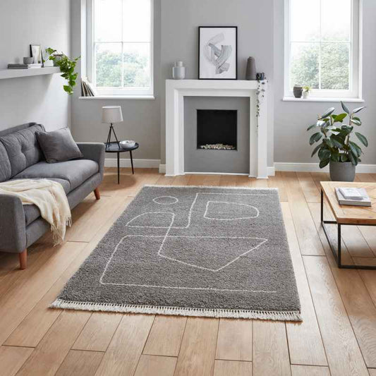 Boho A474 Tassel Hem Geometric Rugs in Grey Cream