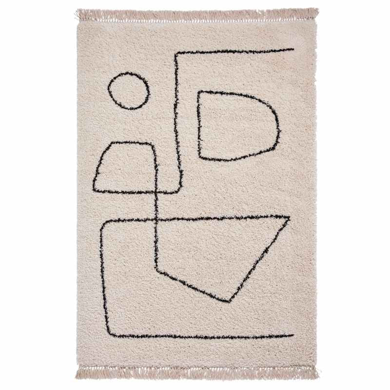 Boho A474 Tassel Hem Geometric Rugs in White Black