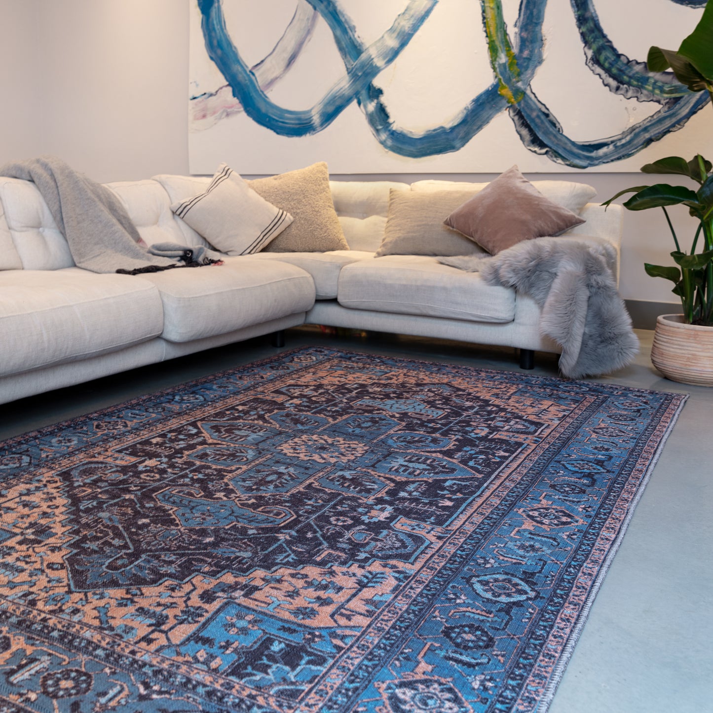 Kaya Niki KY14 Traditional Persian Floral Rugs in Orange Blue