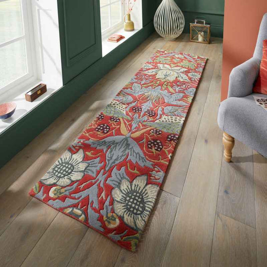 Strawberry Thief 027700 Runner Rugs in Crimson by William Morris