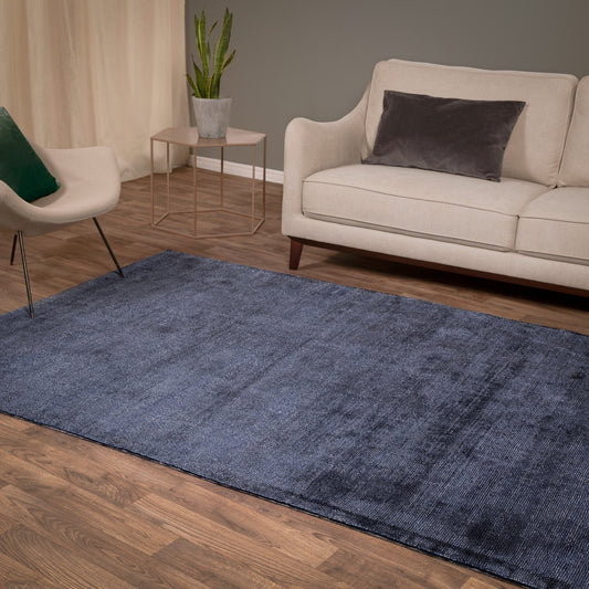 Aston Plain Viscose Rugs in Navy Blue