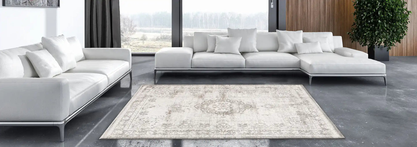 Louis de Poortere fading world medallion 8383 salt and pepper Ivory Living Room Flat Weave Rug.