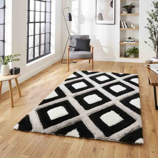 Olympia GR224 Modern Geometric Shaggy Rugs in Black White