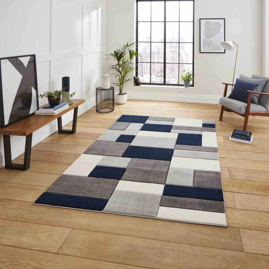 Matrix MT61 Modern Geometric Rugs in Grey Navy Blue