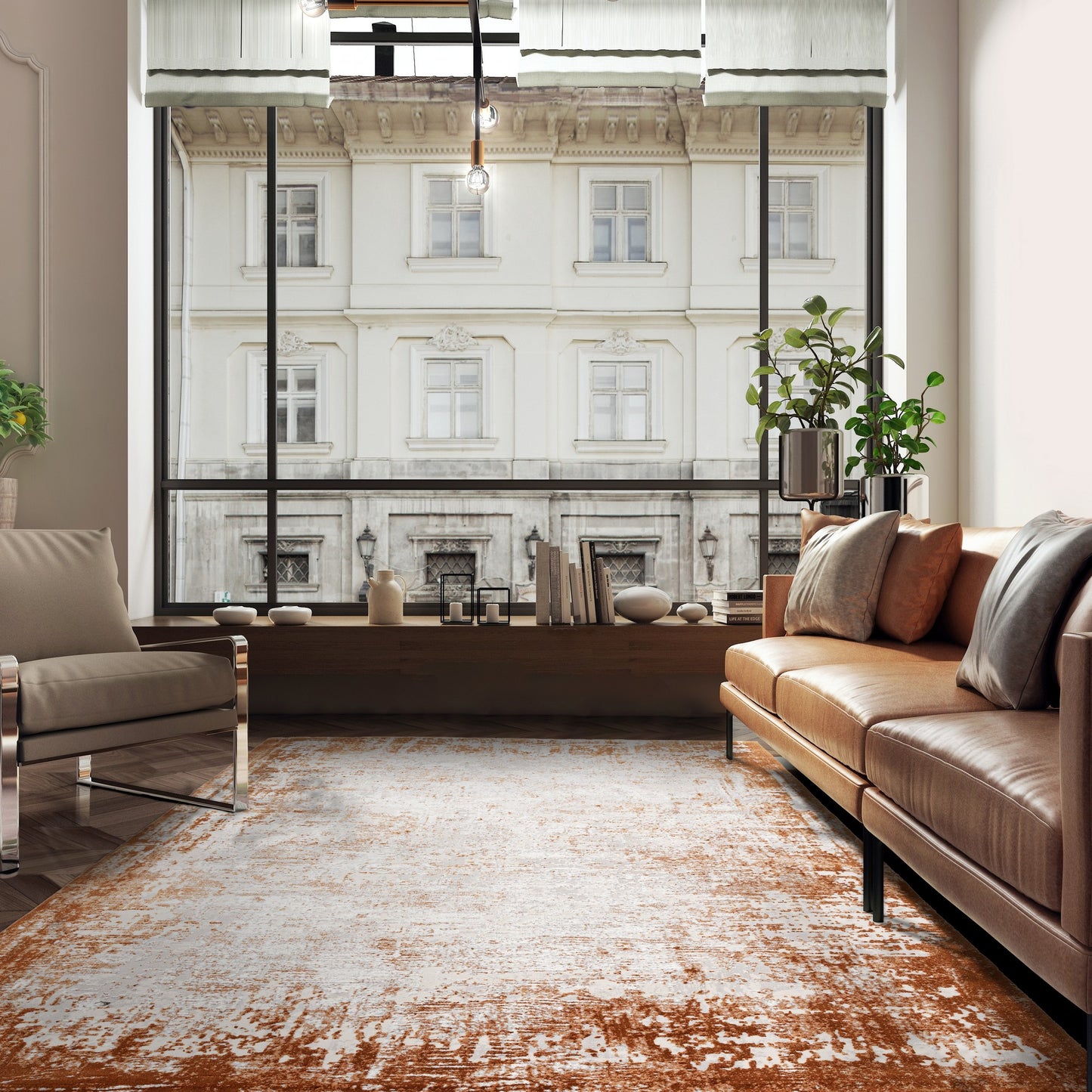 Kuza Border Modern Distressed Rug in Terracotta Orange