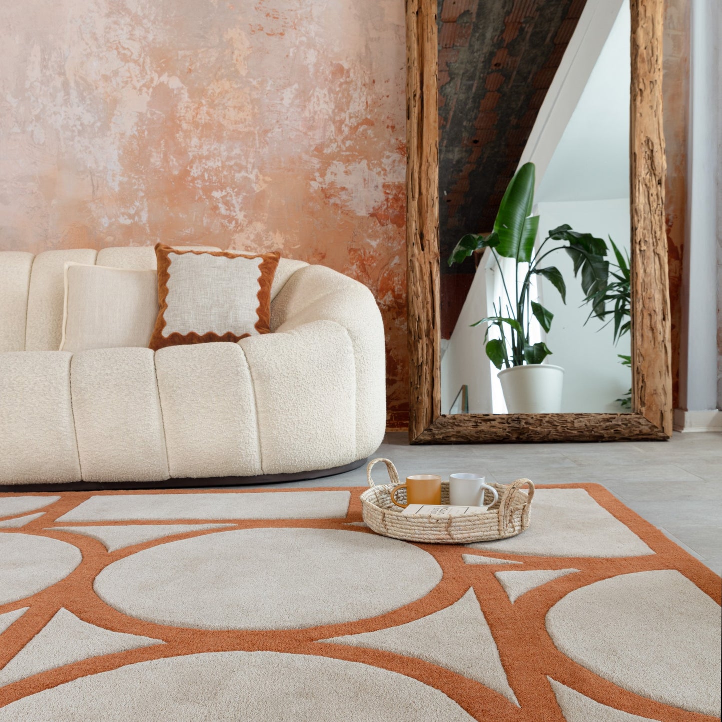 Metro Geometric Carved Wool Rugs in Rust Orange