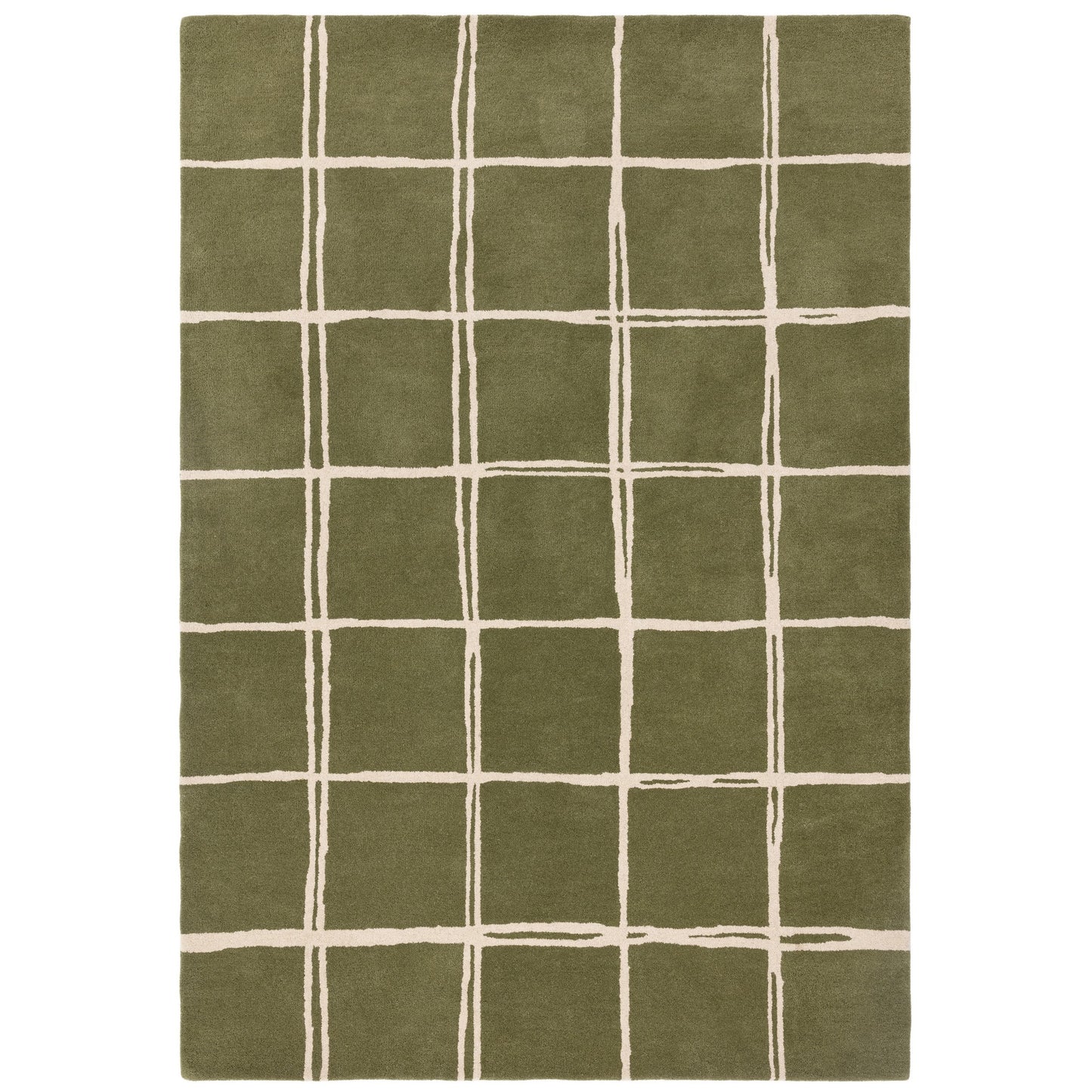 Albany Grid Modern Geometric Wool Rugs in Olive Green