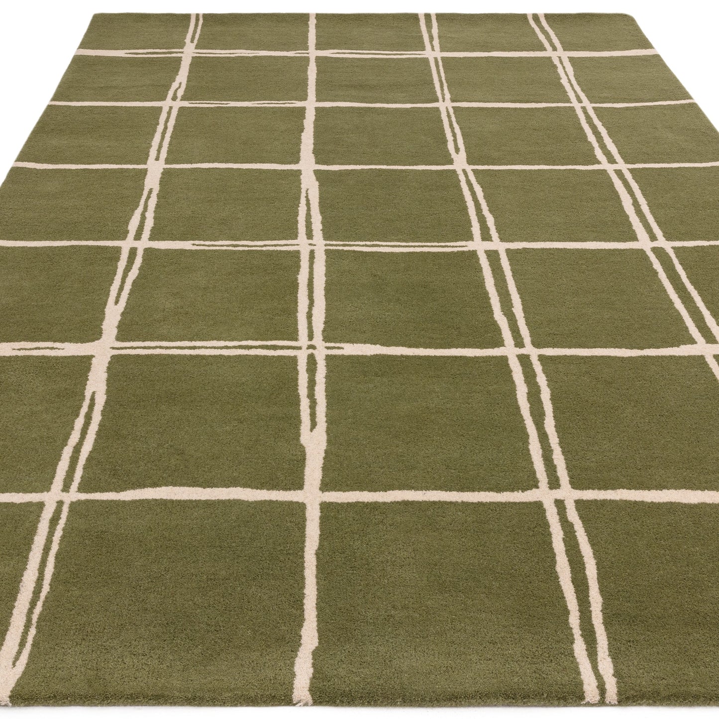Albany Grid Modern Geometric Wool Rugs in Olive Green