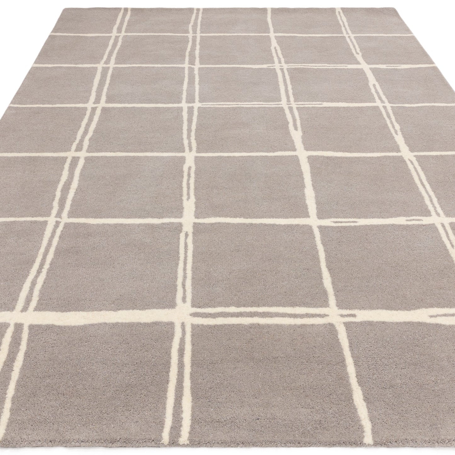 Albany Grid Modern Geometric Wool Rugs in Silver Grey