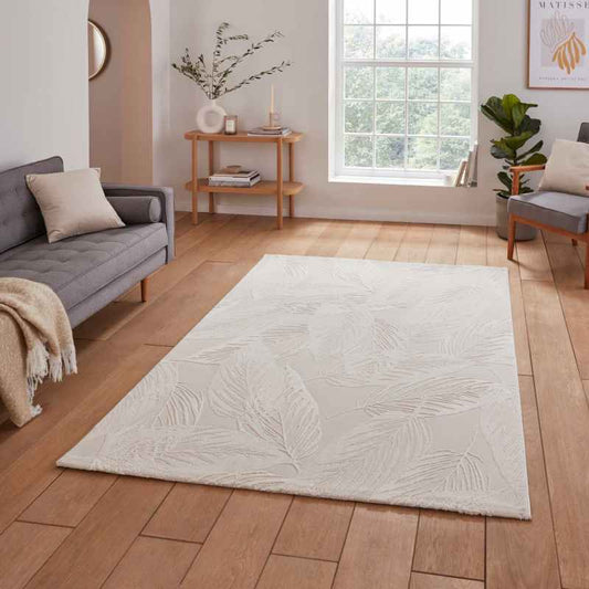 Flores 1925 Botanical Textured Washable Rug in Cream White
