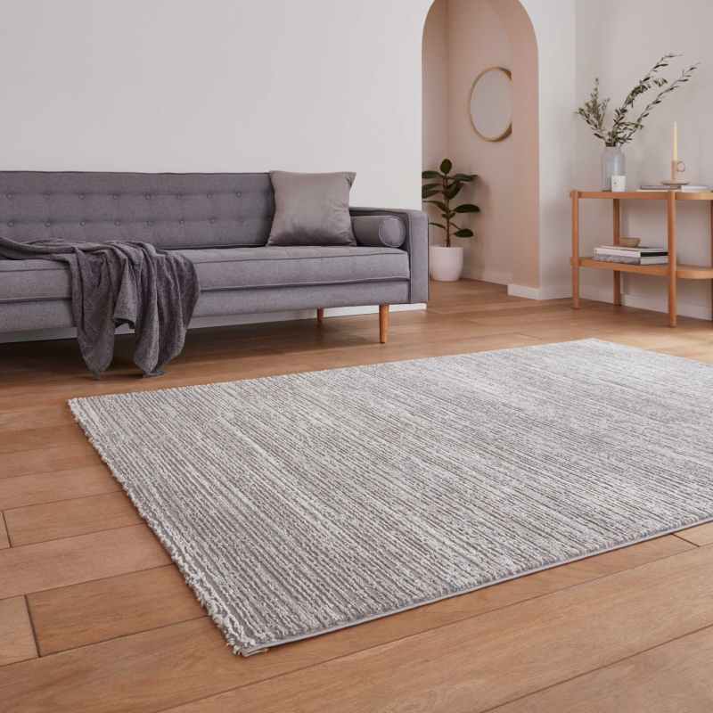 Flores 1930 Plain Textured Washable Rug in Grey