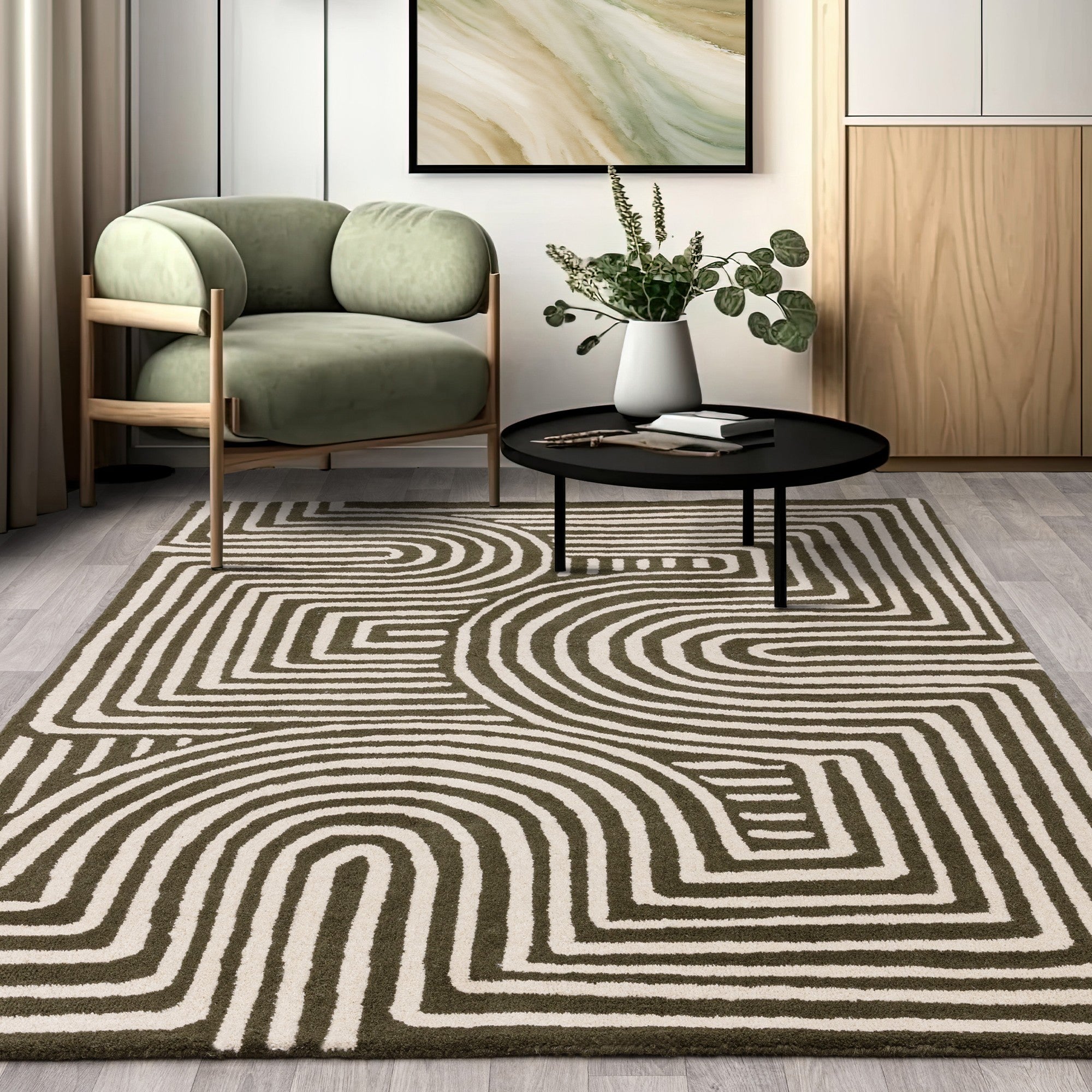 Abstract Forest Rug Reef Curve RF30 Modern Abstract Rug in Forest Green – The Rug Seller