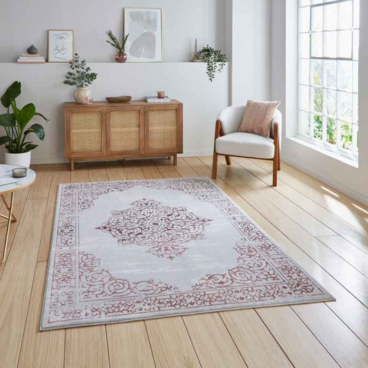 Artemis B9076A Traditional Textured Rugs in Rose Silver Grey