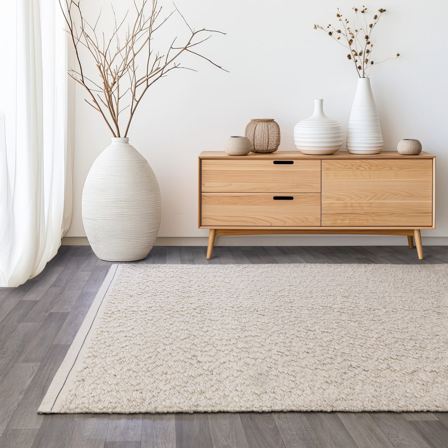 Elm Plain Boho Wool Flatweave Rugs in Ivory White