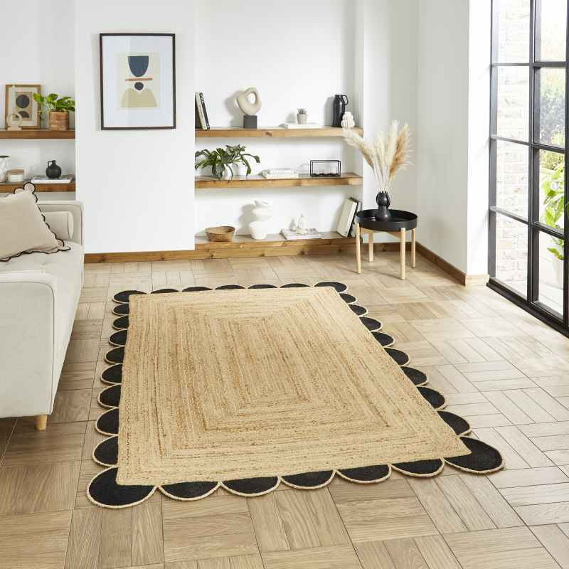 Savannah Jute Scallop Plain Flat Weave Rugs in Black