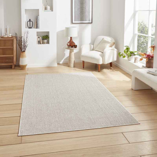 Boucle E6404 Plain Flat Weave Textured Rugs in White Brown
