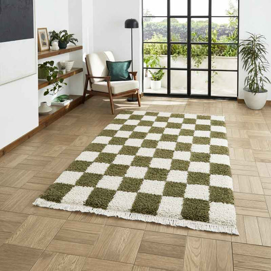 Boho 9433 Checkerboard Shaggy Modern Rugs in Green