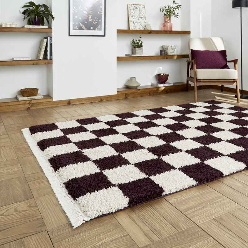 Boho 9433 Checkerboard Shaggy Modern Rugs in Purple