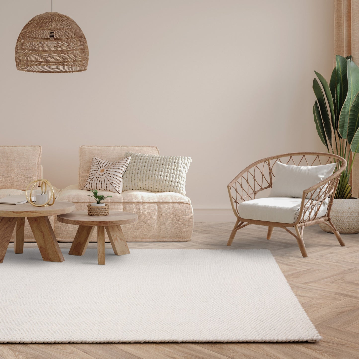 Zander Boho Chunky Wool Plain Rugs in Ivory White
