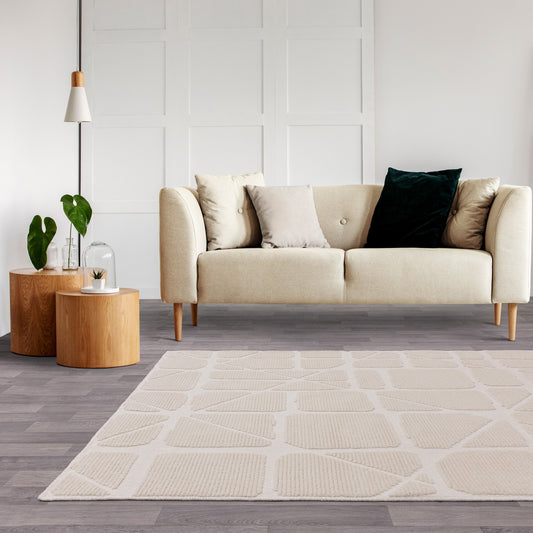 Freja Method Boho Textured Geometric Washable Rugs in Ivory White