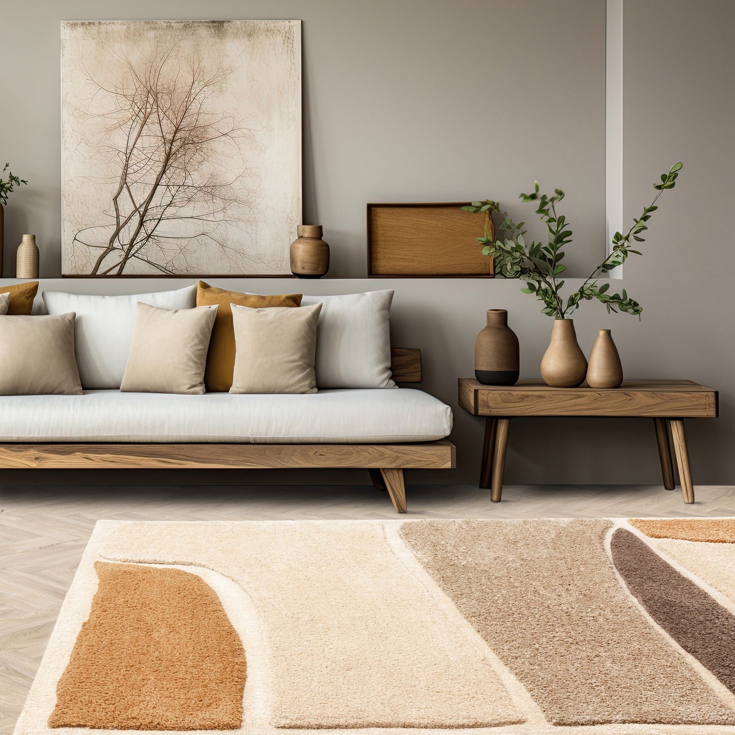 Horizon 1 Modern Geometric Textured Rugs in Hessian Natural