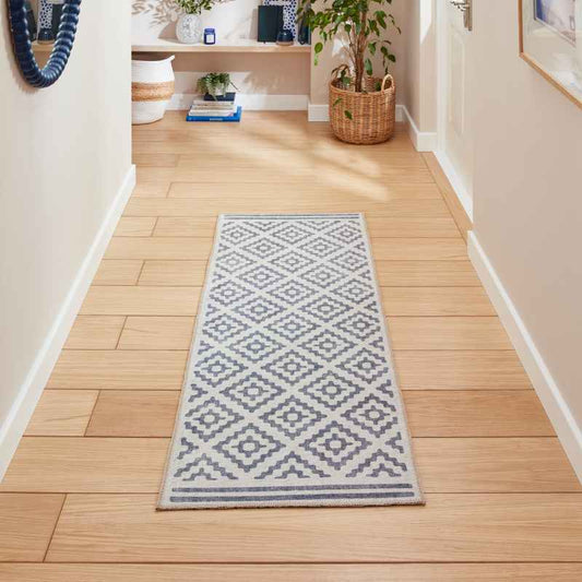Coral H1058 Modern Washable Geometric Runner Rugs in Blue