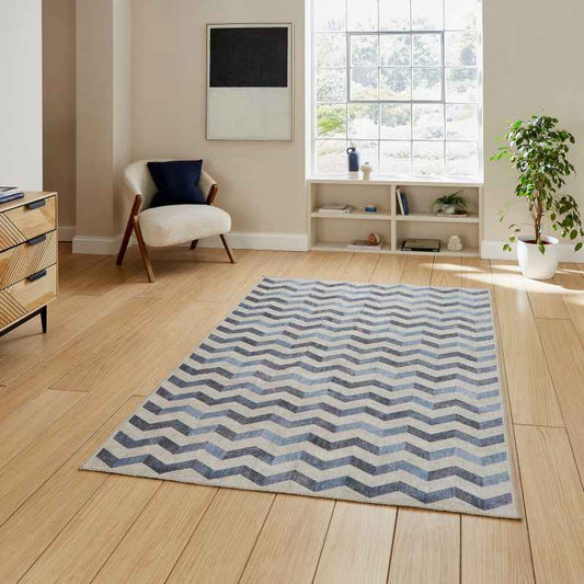 Coral H1059 Modern Washable Chevron Rugs in Blue