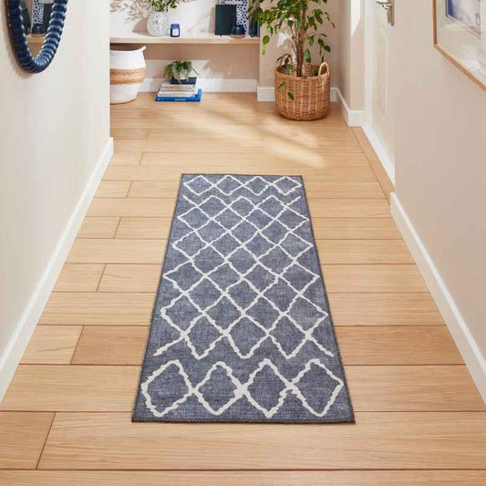 Coral H1060 Modern Washable Geometric Runner Rugs in Blue