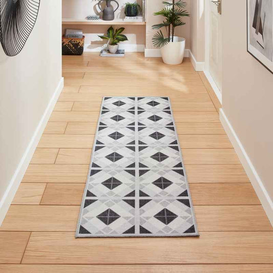 Victoria H1190 Modern Geometric Washable Runner Rugs in Grey Light Grey