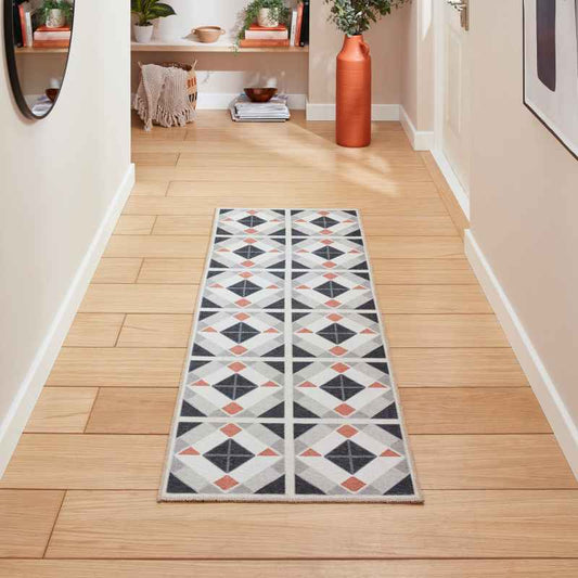 Victoria H1190 Modern Geometric Washable Runner Rugs in Grey Orange