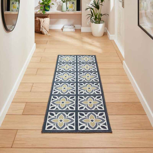 Victoria H1191 Modern Geometric Washable Runner Rugs in Grey Yellow