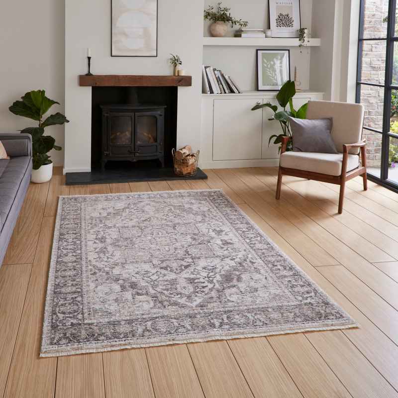 Grey Patterned Rug Traditional Vintage 35018 Traditional Motif Border Rugs in Grey – The Rug Seller