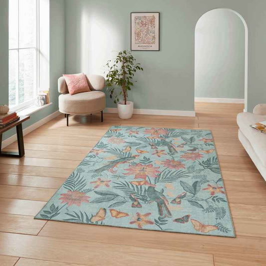 Amaya Tropical Birds Botanical Washable Rugs by Catherine Lansfield in Green