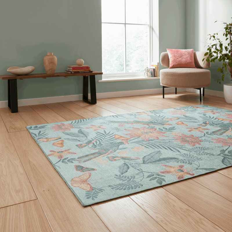 Amaya Tropical Birds Botanical Washable Rugs by Catherine Lansfield in Green