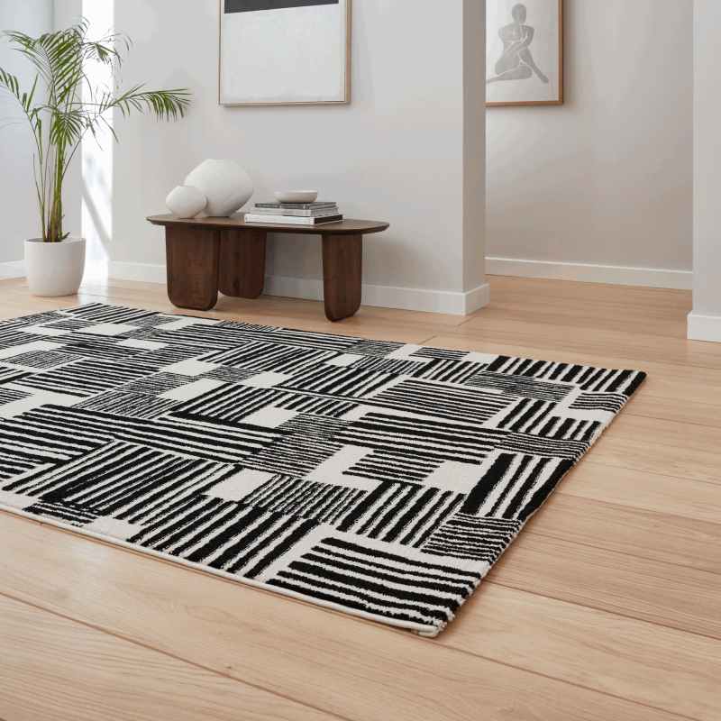 Blocks Modern Geometric Washable Rugs by Catherine Lansfield in Black White