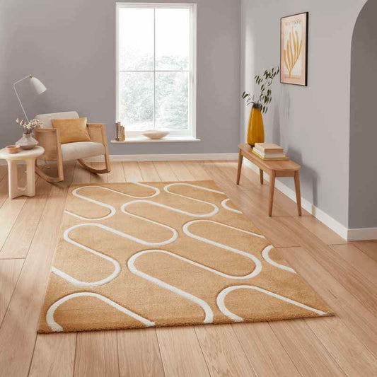Linear Curve Modern Geometric Rugs by Catherine Lansfield in Ochre Yellow