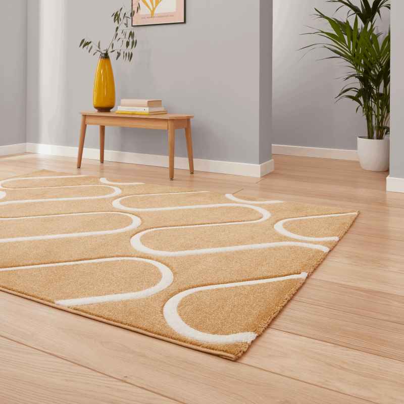Linear Curve Modern Geometric Rugs by Catherine Lansfield in Ochre Yellow