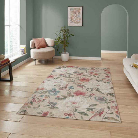Pipa Floral Washable Rugs by Catherine Lansfield in Natural