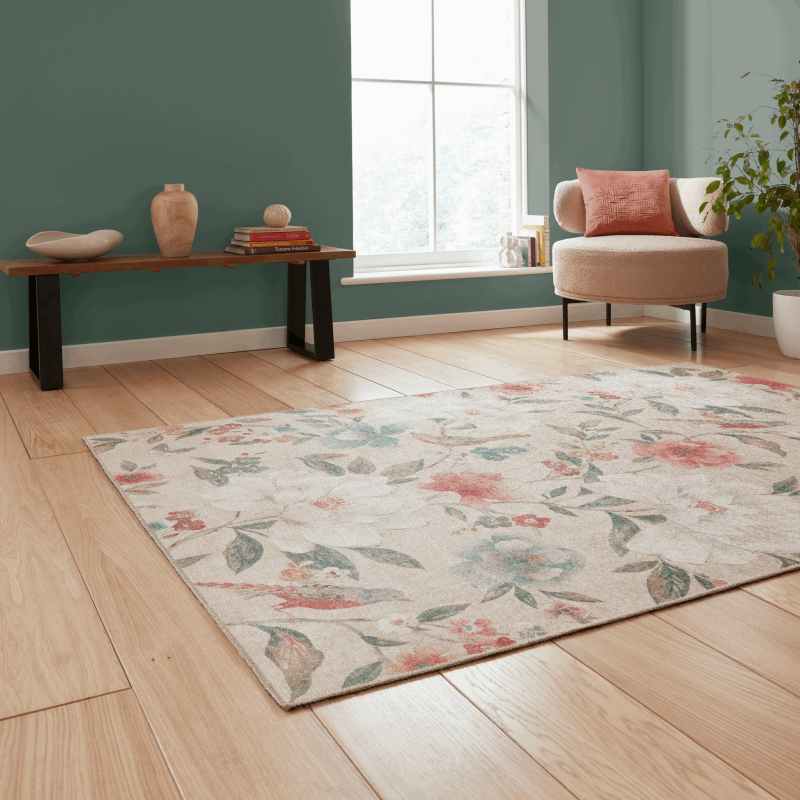 Pipa Floral Washable Rugs by Catherine Lansfield in Natural