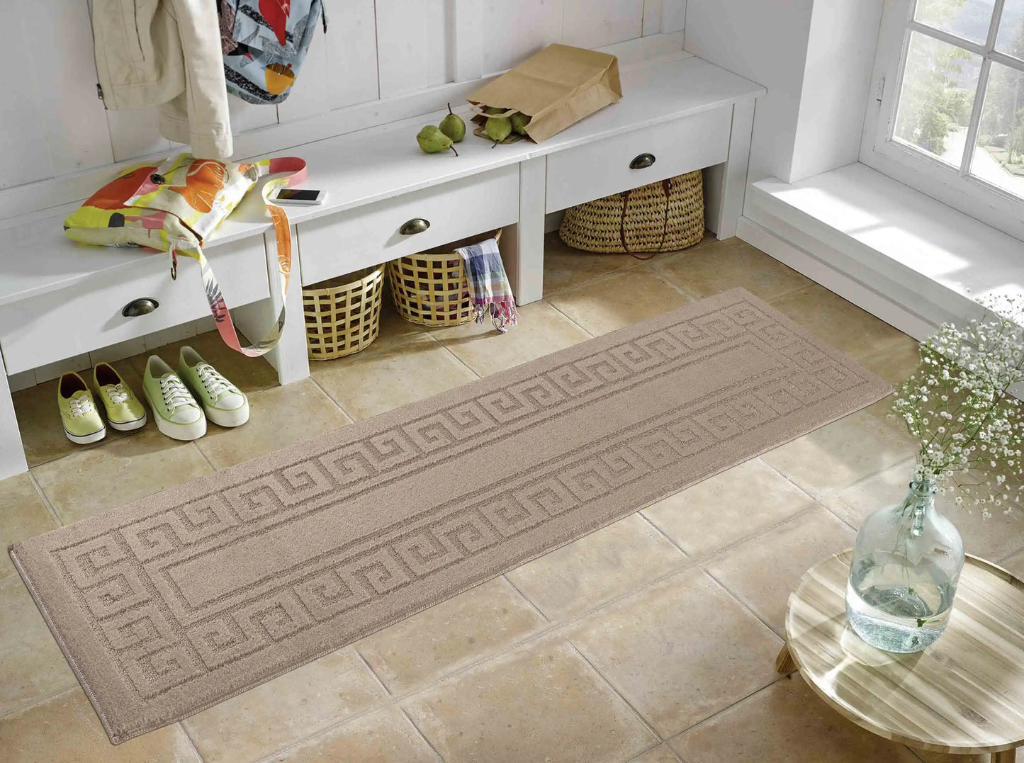 Washable 9mm Gel-Back Ivy Greek Key Beige Rug